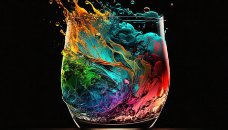 Colorful splashes in a glass on a black background close-up, generative aiの素材