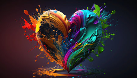 3d render, abstract heart with colorful splashes on dark background, generative aiの素材