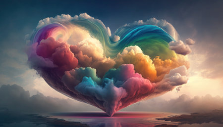 Rainbow heart in the sky. 3d illustration. Love concept, generative aiの素材
