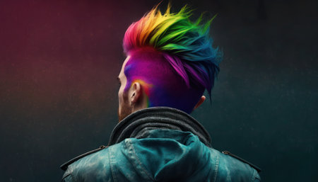 Young man with colorful hairstyle and lgbtq rainbow colored hair on dark background, generative aiの素材