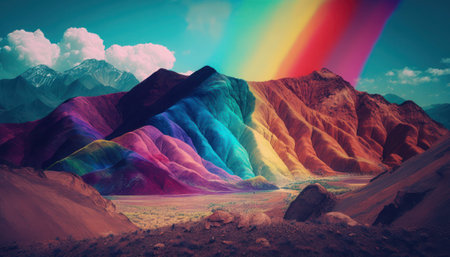Rainbow over colorful mountains. 3D Rendered Computer Artwork, generative aiの素材