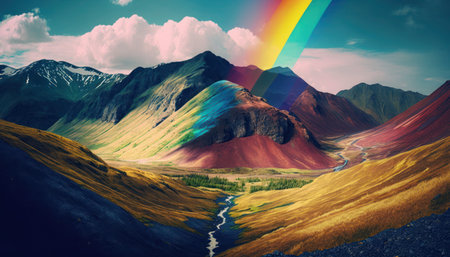 Fantasy landscape with multicolored mountains and river. 3d illustration, generative aiの素材