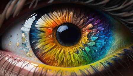 Macro shot of human eye with multicolored iris, generative aiの素材