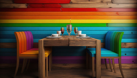 Wooden table with two glasses of wine in front of colorful wooden wall, lgbtq colors, generative aiの素材