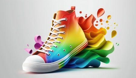 Colorful sneakers with splashes on grey background. 3d illustration, lgbtq colors, generative aiの素材