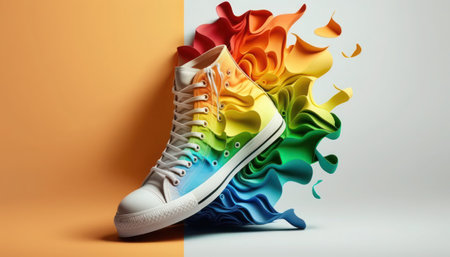 Sneakers with colorful paint splashes. 3d illustration, lgbtq colors, generative aiの素材