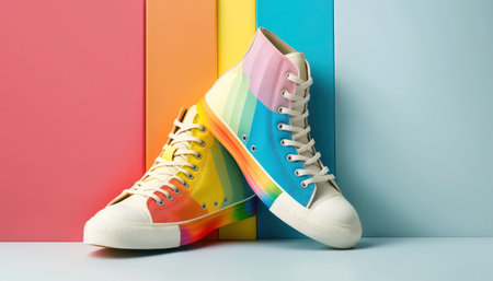 Sneakers on colorful background. Minimalism fashion concept, lgbtq colors, generative aiの素材