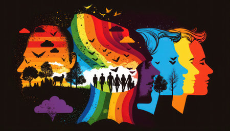 Silhouettes of people in profile on colorful background. Vector illustration, generative aiの素材