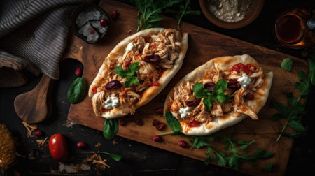 Traditional turkish pizza pide with meat, cheese and vegetables, generative aiの素材