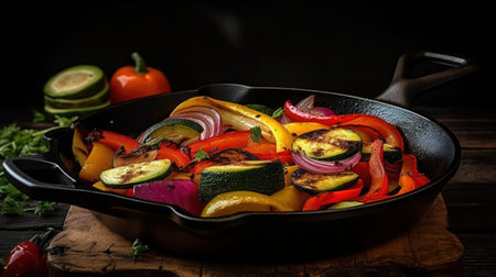 Zucchini, bell pepper and onion in a frying pan, generative aiの素材