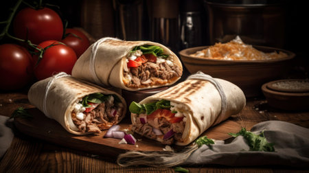Traditional mexican burritos with tuna and vegetables on wooden background, generative aiの素材