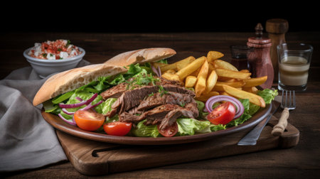 Turkish Doner Kebab with french fries and salad on wooden tableの素材