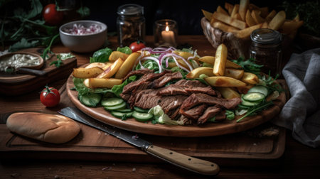 Grilled beef steak with french fries and salad on a wooden board, generative aiの素材