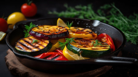 Grilled vegetables in a frying pan on a dark wooden background.の素材