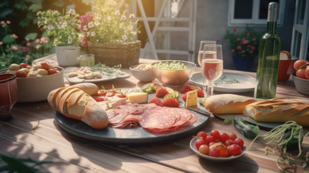 Brunch in the garden with a variety of food and wine, generative  aiの素材
