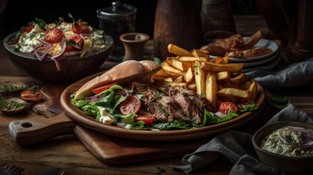 Tasty beef steak with french fries and salad on rustic backgroundの素材