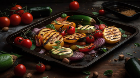 Grilled vegetables in a pan on a rustic wooden table, generative aiの素材