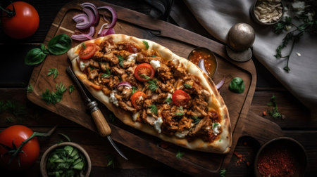 Turkish pizza with meat and vegetables on a wooden table. Top viewの素材