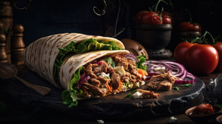 Tortilla wrap with meat and vegetables on a dark background.の素材