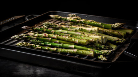 Baked asparagus on a baking sheet. Black background.の素材