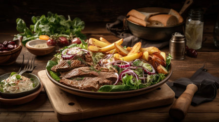 Beef steak with salad and french fries on rustic wooden backgroundの素材