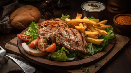Grilled beef steak with french fries and vegetables on a wooden boardの素材
