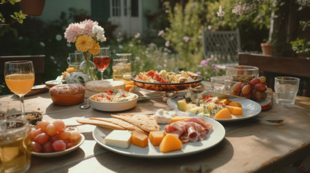 Brunch in the garden with different food and wine on the table, generative aiの素材