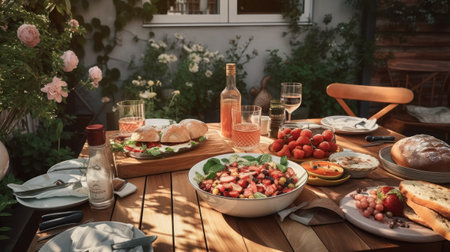 Brunch on the terrace in the summer in the garden, generative aiの素材