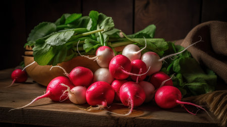 Fresh radishes on rustic wooden background. Selective focus, generative aiの素材