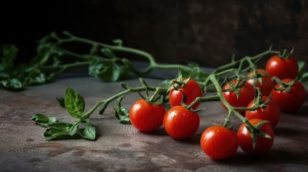 Cherry tomatoes on a branch with basil leaves on a dark background, generative aiの素材