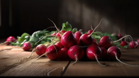 Bunch of fresh red radishes on wooden table, selective focus, generative aiの素材