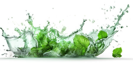 Water splash with mint leaves isolated on white background. 3d illustration, generative aiの素材