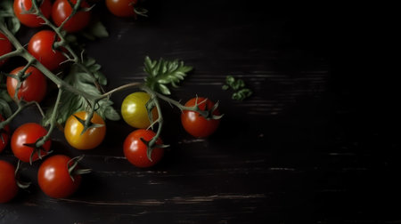Cherry tomatoes on a black wooden background with space for text, generative aiの素材