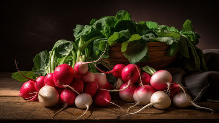 bunch of fresh radishes on a wooden table in rustic style, generative aiの素材