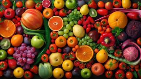 Fruits and vegetables background. Healthy eating concept. Top view, generative aiの素材