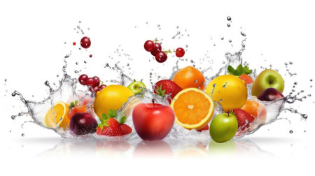 Fruit in water splash isolated on white background. Healthy food concept, generative aiの素材