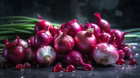 Red onions on a dark background. Selective focus. Toned, generative aiの素材