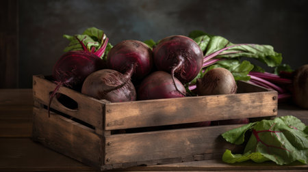 Bunch of fresh beetroots in wooden box on rustic background, generative aiの素材