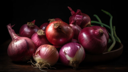 Red onions on a wooden table in a rustic style. Black background, generative aiの素材