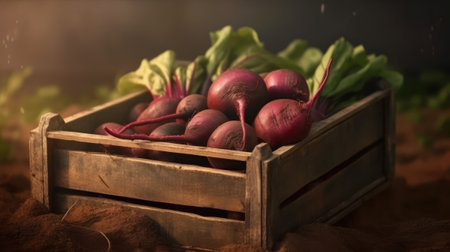 Freshly harvested beetroots in a wooden box. Selective focus, generative aiの素材