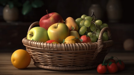 Fruits in a basket on a wooden table in a kitchen, generative aiの素材
