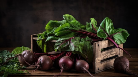 Fresh beetroot with green leaves in a wooden box on dark background, generative aiの素材