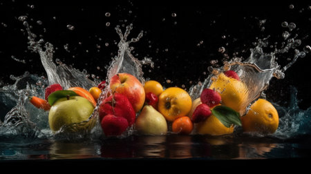 Fruit splashing in water on a black background. Mixed fruits, generative aiの素材