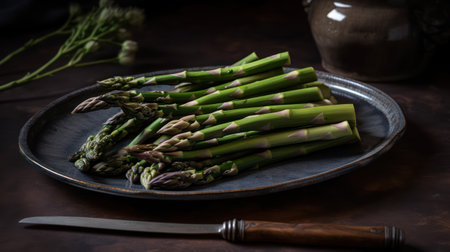 Bunch of fresh green asparagus on a rustic plate, generative aiの素材