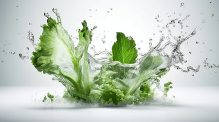 Fresh green lettuce with water splash on white background. 3d rendering, generative aiの素材