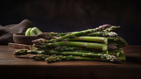 Bunch of fresh green asparagus on a rustic wooden table, generative aiの素材