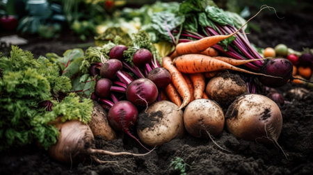 Harvest of fresh organic carrots, beets and other vegetables in the garden, generative aiの素材
