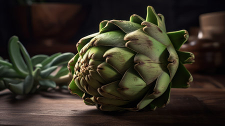 Artichoke on a wooden table in a rustic setting, generative aiの素材