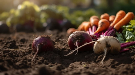 Beetroot, carrots and beets in the garden. Selective focus, generative aiの素材