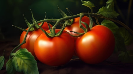 Ripe tomatoes with green leaves on a dark background. 3d rendering, generative aiの素材